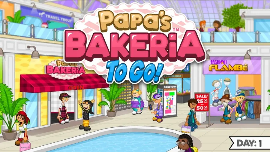 Title screen of Papa's Bakeria To Go! showing the shop front inside a shopping mall