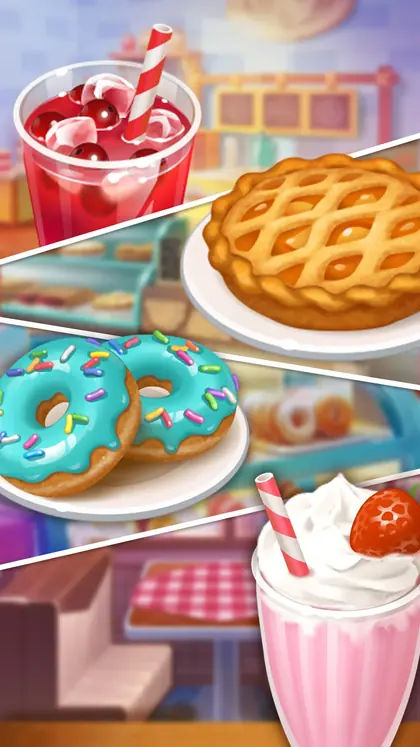 Donuts, a lattice pie and a milkshake on the order board of Sweet Escapes: Build A Bakery