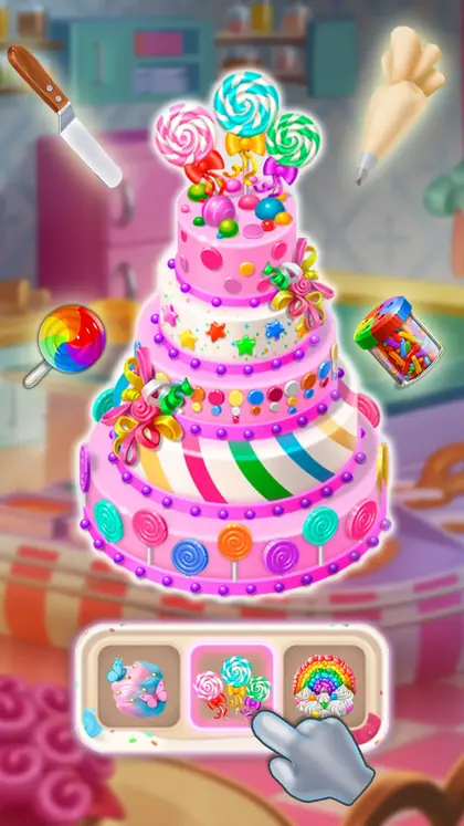 A tall decorated cake being finished in the bakery of Sweet Escapes: Build A Bakery